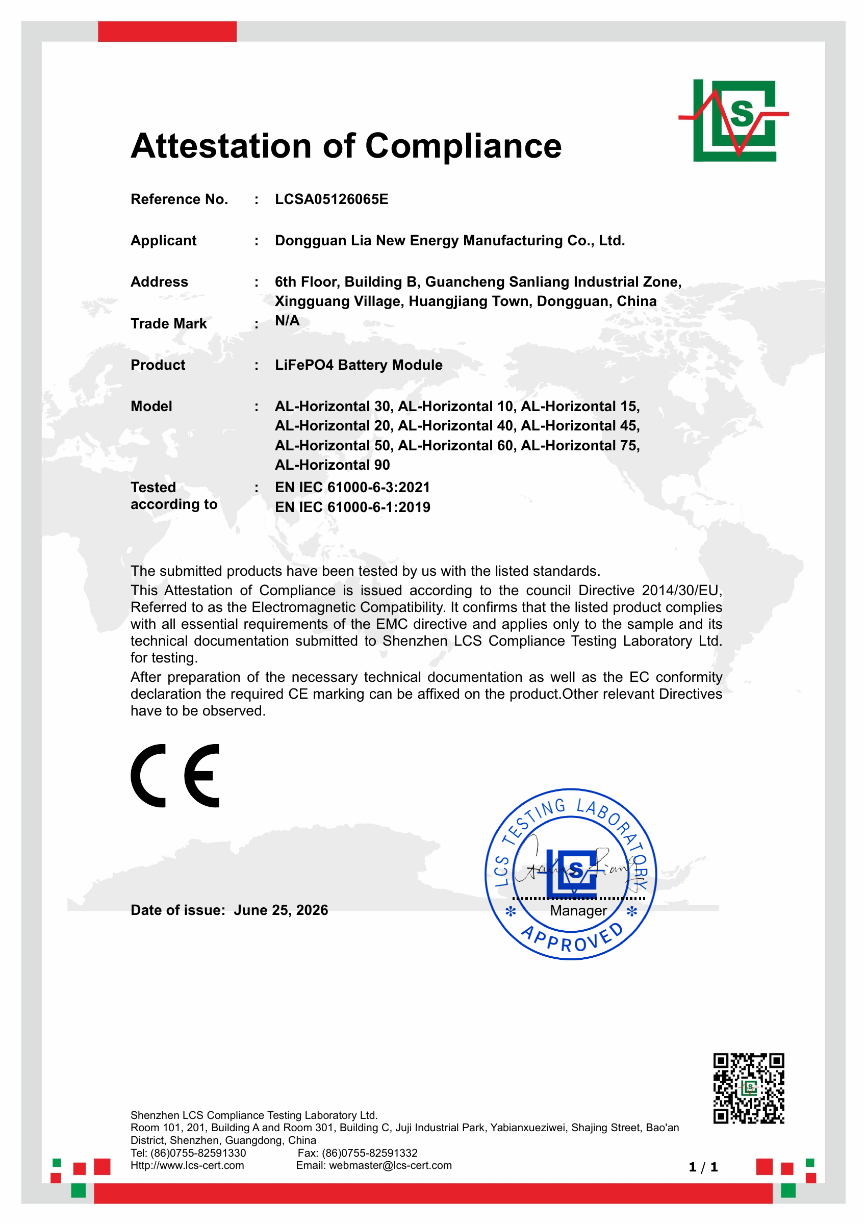 Horizontal battery module EMC attestation — page 1 of 1