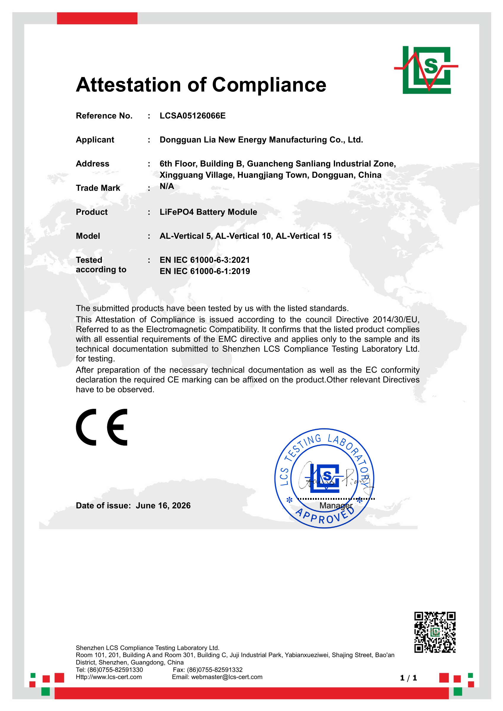 Vertical battery module EMC attestation — page 1 of 1